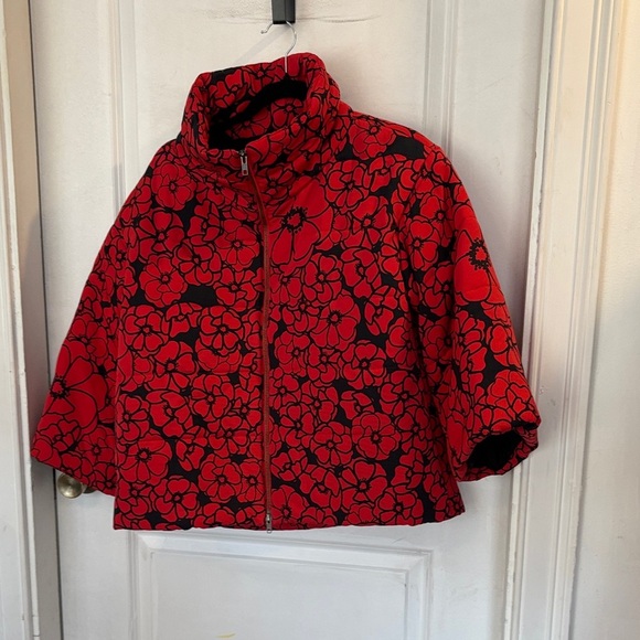 Red and Black Silk Puffer Floral Jacket - Picture 3 of 4